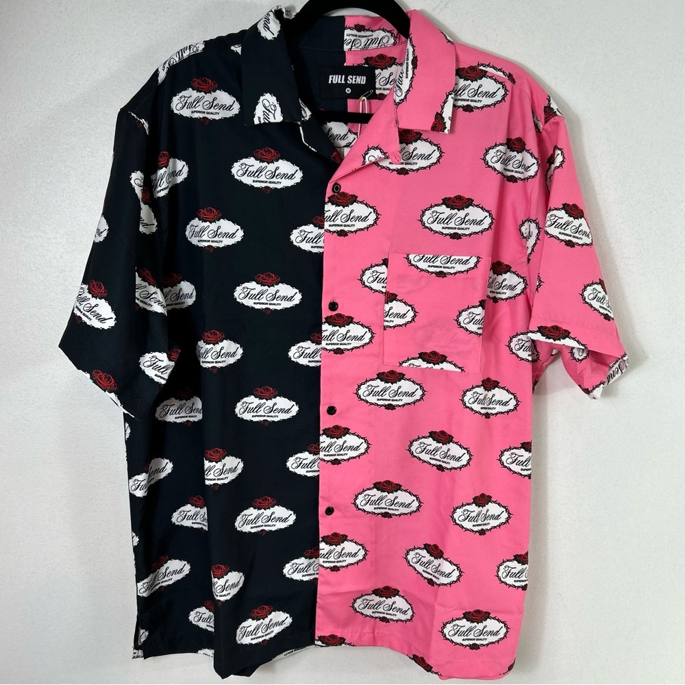 Full Send Nelk Boys Split Rose Logo‎ Shirt Pink Black Button Up Size Medium NWT